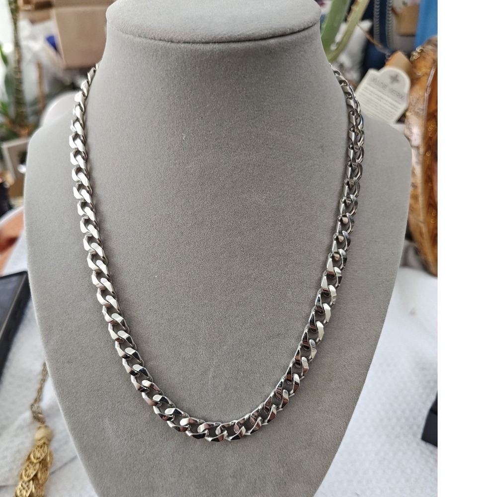 Curb Chain Necklace Silver Tone Flat Link Classic Polished Minimalist Unisex